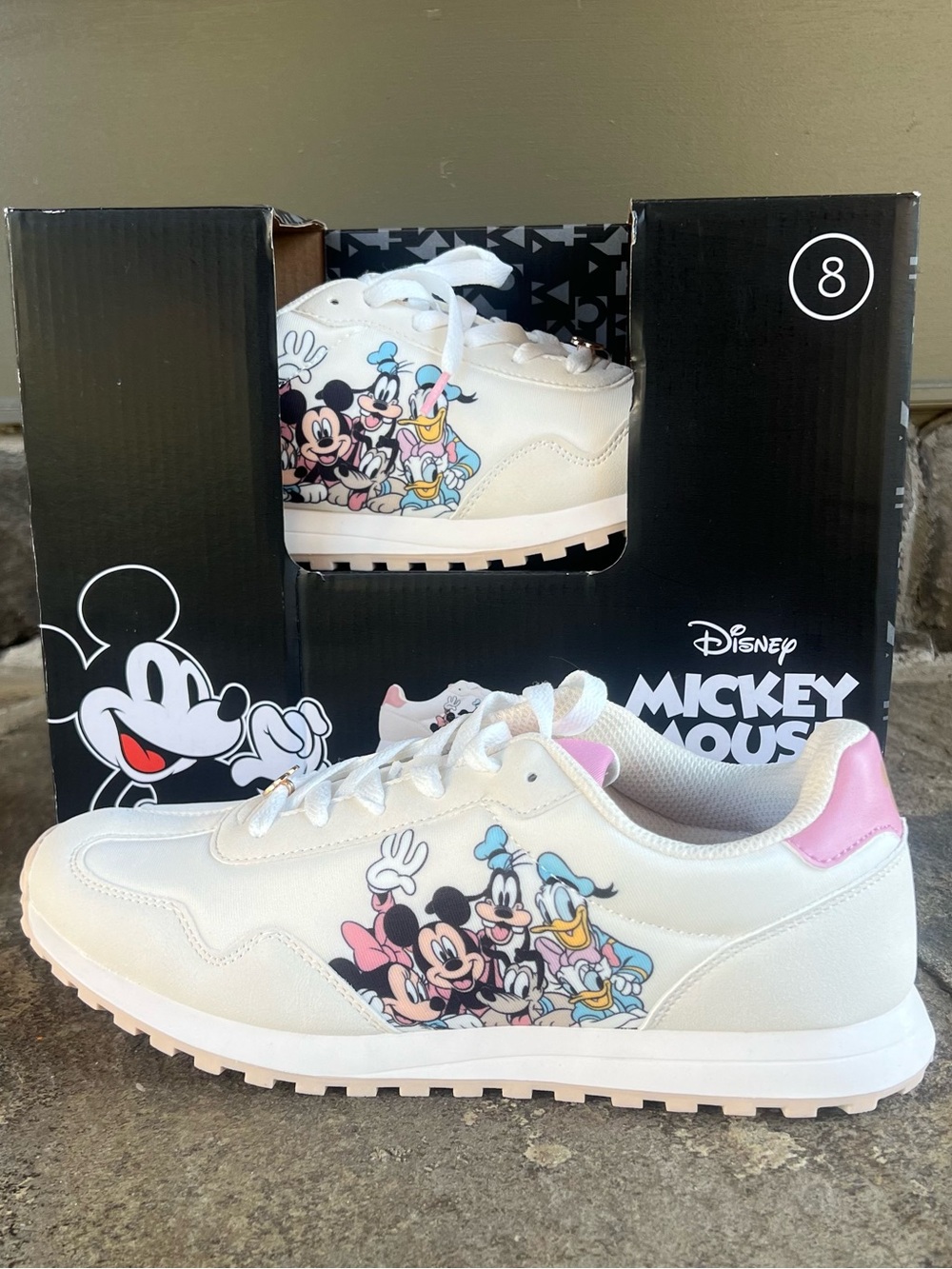 Disney White Sneakers with Pink and Light Blue Character Graphics. NEW!